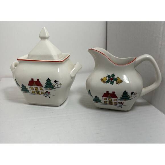 Jamestown China The Joy of Christmas Sugar Bowl with Lid & Creamer Set Vintage - Picture 1 of 16